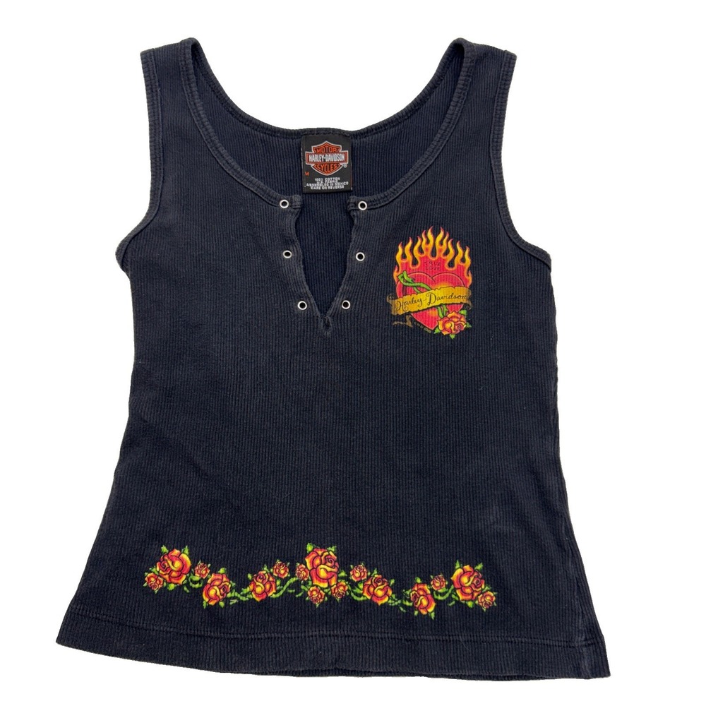 VTG Harley-Davidson Women's Ribbed Tank Top Red Honolulu Hawaii Roses Size M